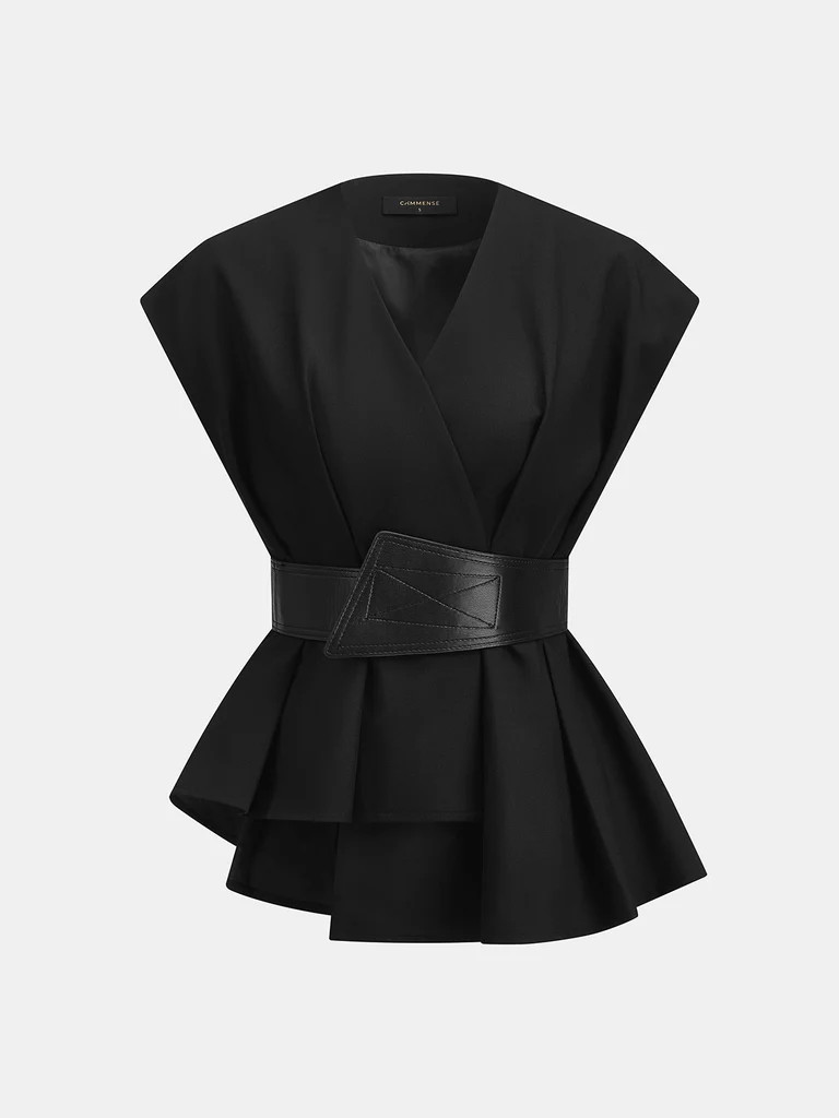 Wrap V Neck Belted Peplum Sleeveless Top | Commense