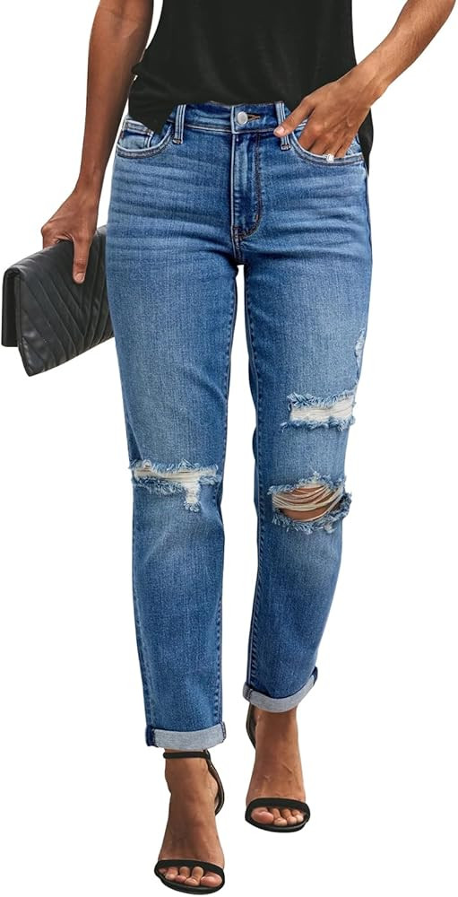 KUNMI Women's Ripped Mid Waisted Boyfriend Jeans Loose Fit Distressed Stretchy Denim Pants | Amazon (US)