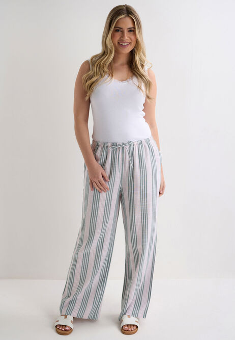 Womens Green Stripe Wide Leg Linen Trousers | Peacocks