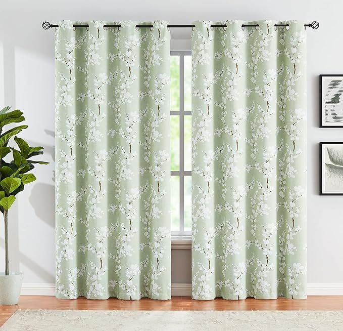 White Green Blackout Curtains for Living-Room Blossom 96 inch Length Energy Efficient Thermal Pri... | Amazon (US)