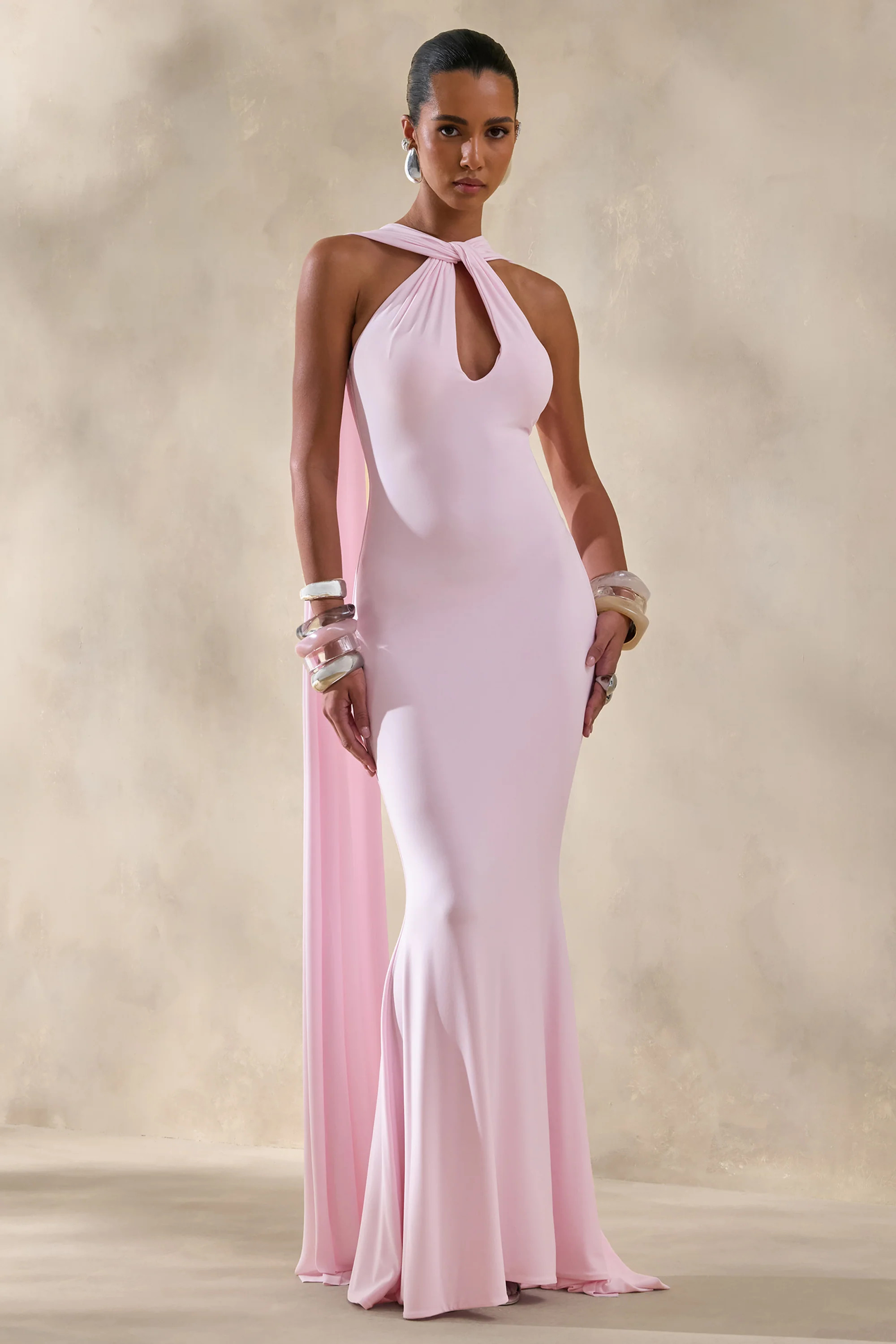 Rhoda | Light Pink Twist Halter-Neck Cape Maxi Dress | Club L London