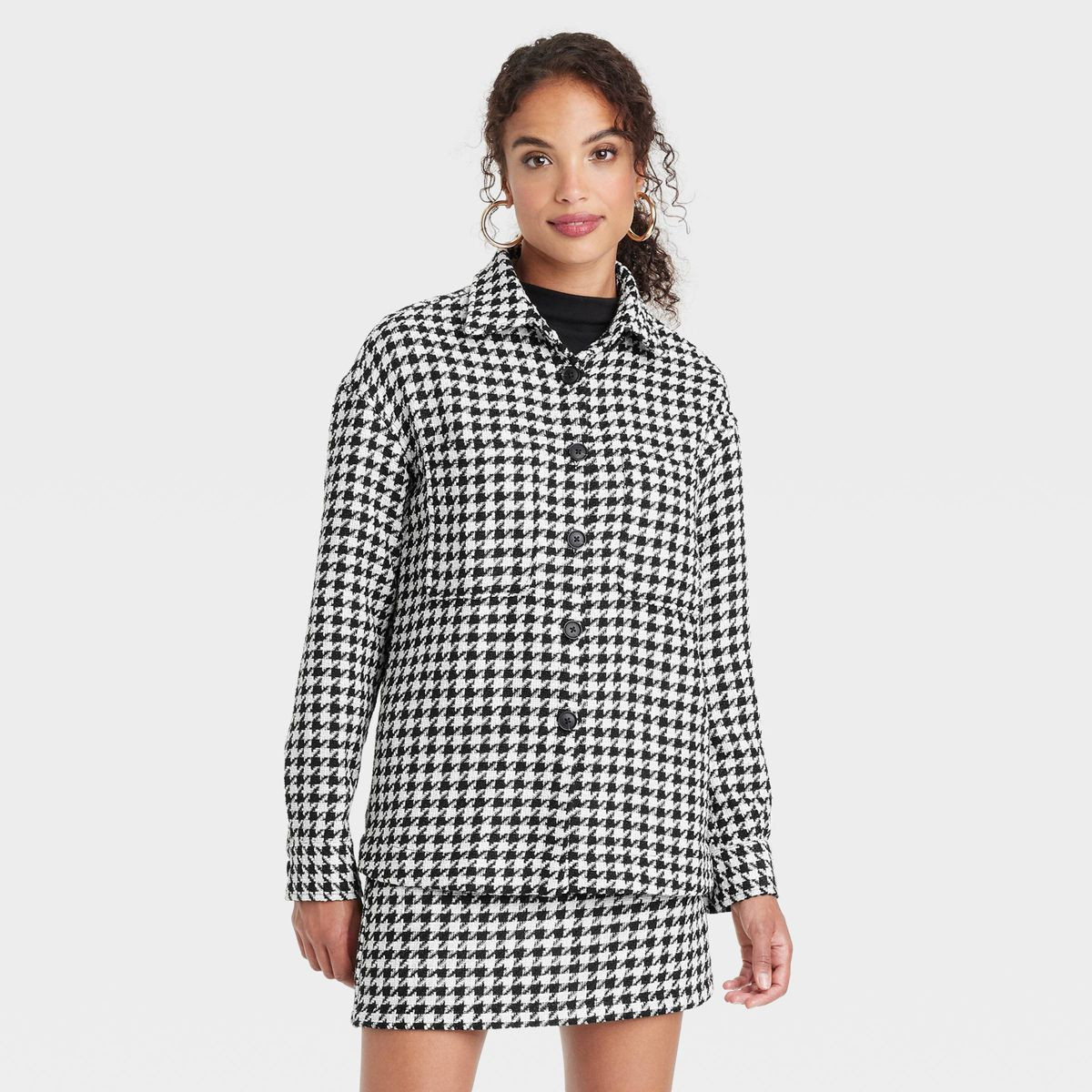 Women's Long Sleeve Tweed Shacket - A New Day™ Black/Cream Houndstooth XS | Target