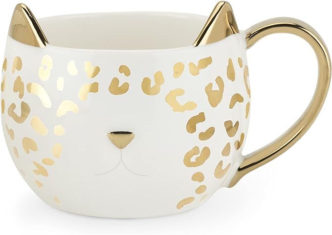 Pinky Up Chloe White Cat Ceramic Mugs, 12 oz, Leopard White & Gold | Amazon (US)