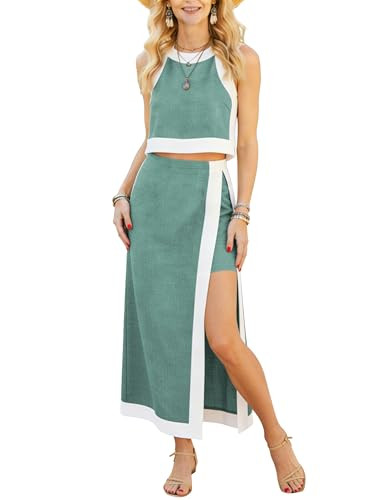 Amazon.com: Seetaa 2 Piece Sets for Women Summer Sleeveless Skirt Sets Outfits Colorblock Crewnec... | Amazon (US)