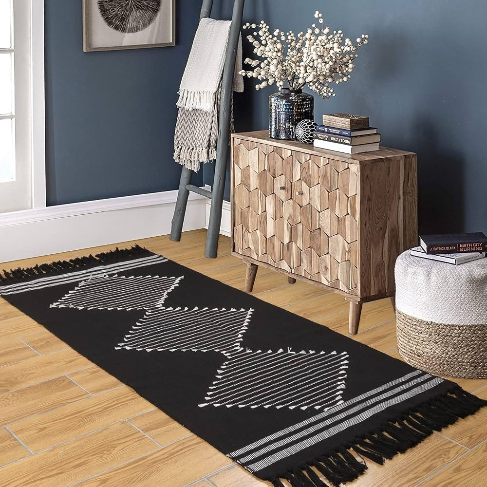 LEEVAN Boho Cotton Runner Rug, 2.3' x 5.3' Black Geometric Kitchen Sink Rug with Tassels Woven Di... | Amazon (US)