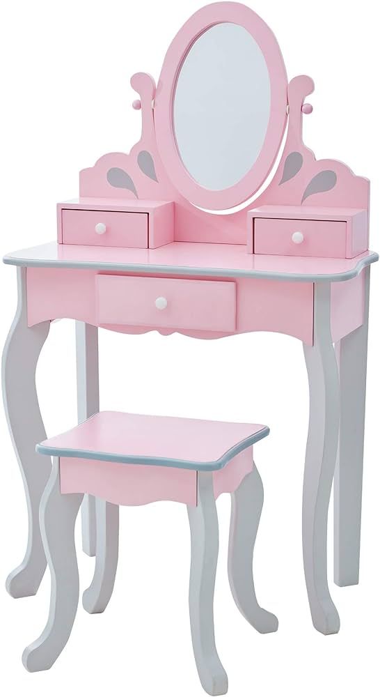 Teamson Kids Vanity, Girls Vanity Set with Mirror & Stool, 3 Storage Drawers, & Rotating Mirror, ... | Amazon (US)