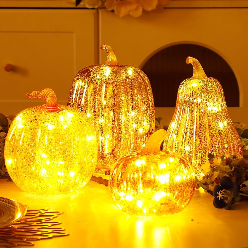 4 Pack Glass Pumpkin with Lights and Timer 4 Size Lighted Mercury Glass Pumpkins for Fall Hallowe... | Amazon (US)
