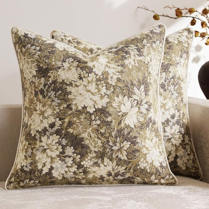 Pack of 2 Vintage Floral Throw Pillow Covers 18x18 Boho Farmhouse Accents Chenille Square Decorat... | Amazon (US)