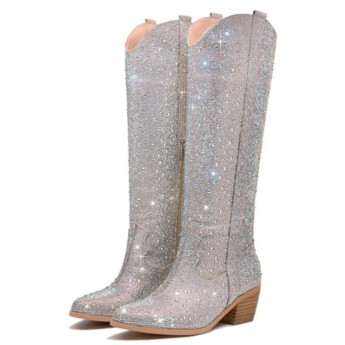 RKQ Women's Sparkly Silver Rhinestone Western Glitter Pointed Toe Block mid Heel Knee High Cowboy Boots Zipper Pull-on Tabs for Girl Party Dating bling tall Cowgirl shoes 9 | Amazon (US)