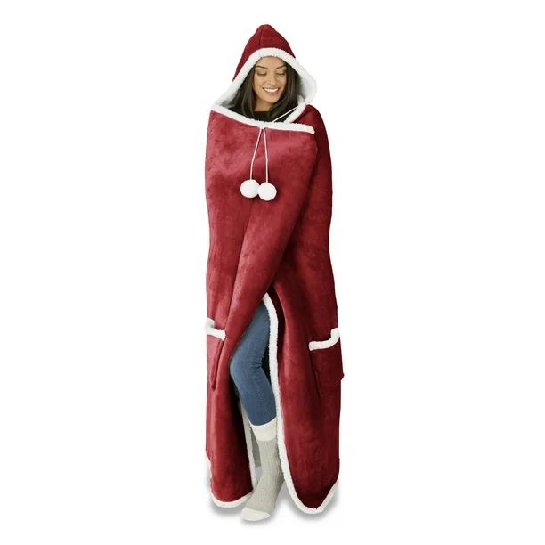 Wearable Hooded Throw Blanket, 52" x 72", Solid Red Flannel | Walmart (US)