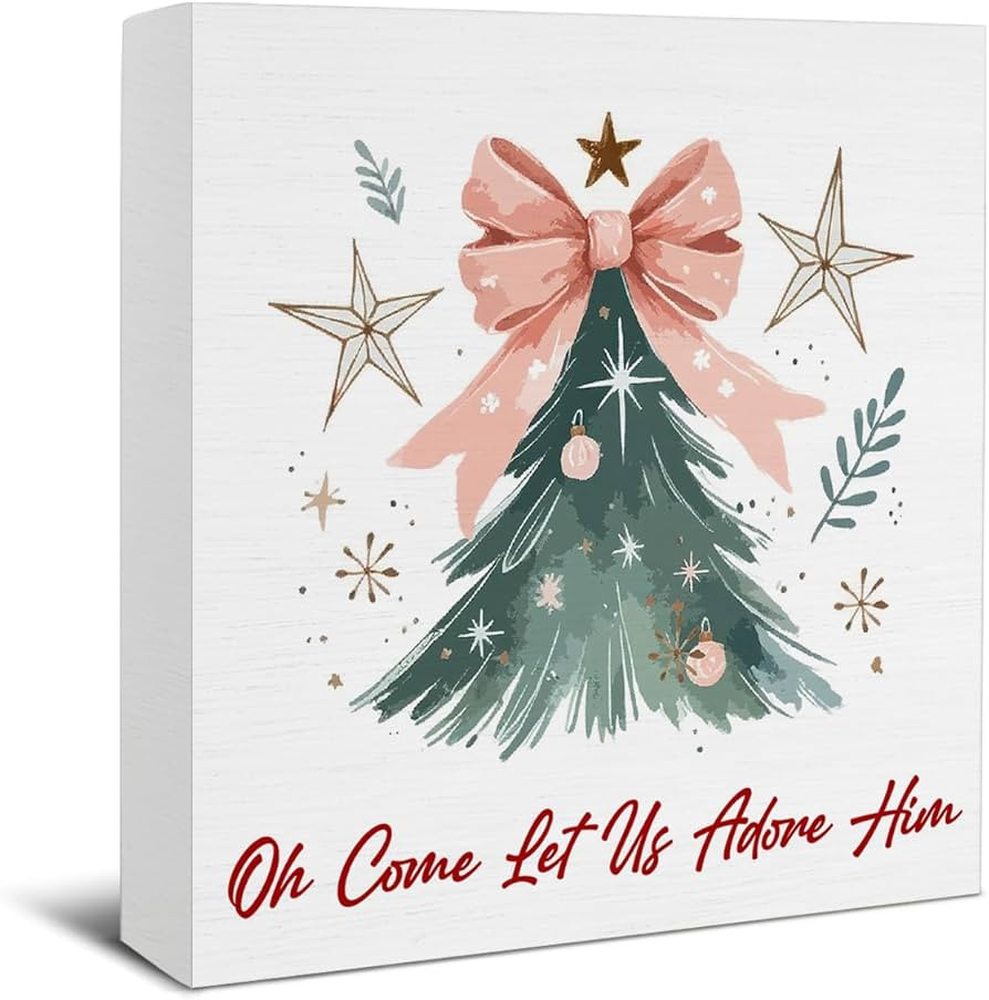 Watercolor Christian Christmas Decorations, Pink Bow Christmas Tree Wooden Box Signs, Oh Come Let... | Amazon (US)