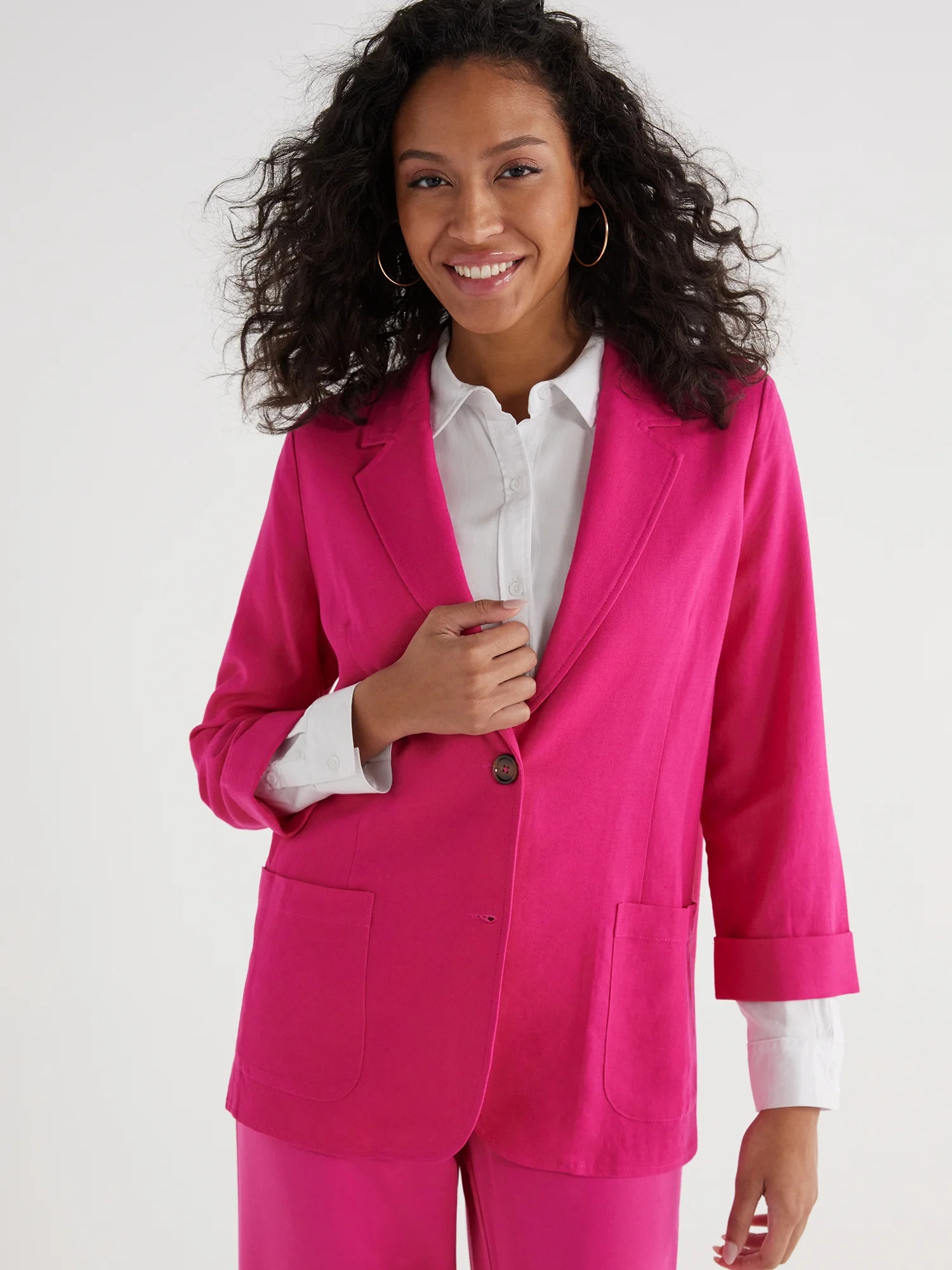 Time and Tru Women’s Linen-Blend Button Front Blazer with Patch Pockets, Sizes S-XXXL | Walmart (US)