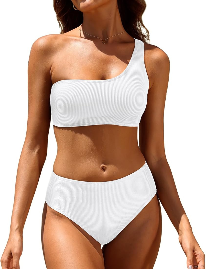 Tempt Me Women One Shoulder High Waisted Bikini Ribbed Two Piece Swimsuits High Cut Bathing Suit ... | Amazon (US)
