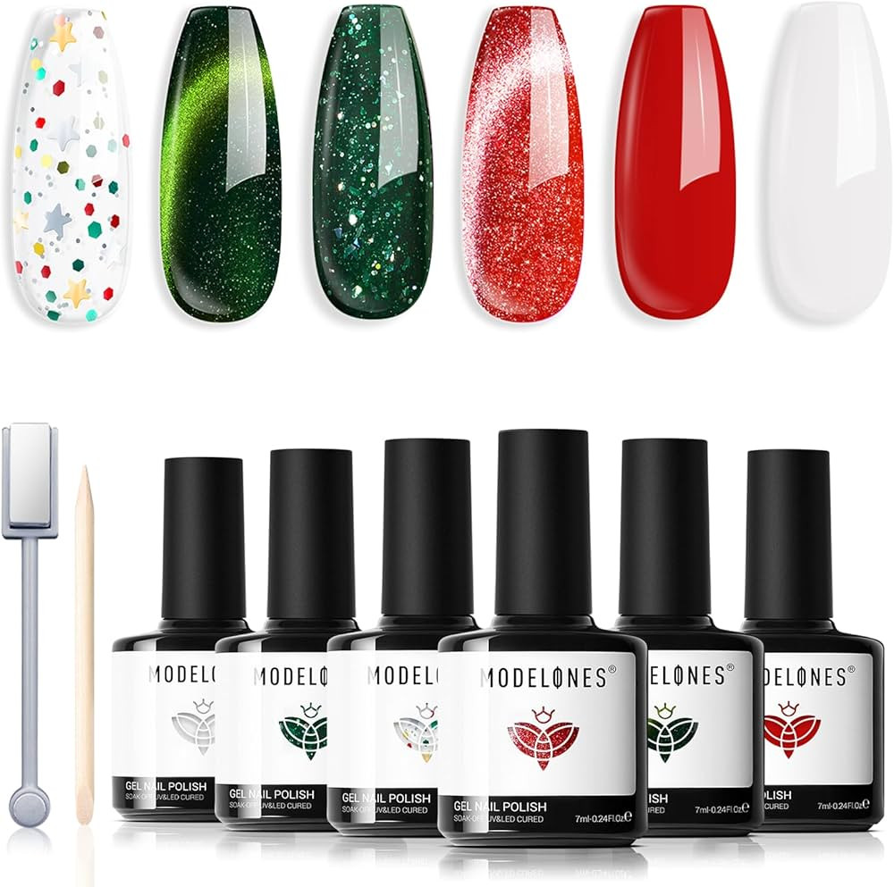 modelones Gel Nail Polish Set, 6 Colors White Red Dark Green 9D Cat Eye Gel Polish Gold Stars Orn... | Amazon (US)