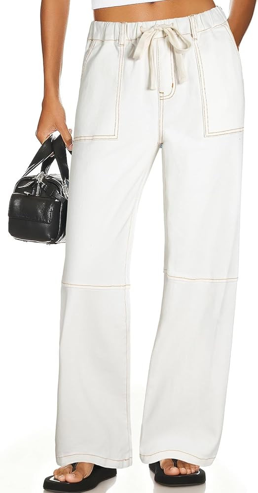 Sidefeel Women's Wide Leg Jeans High Waisted Elastic Stretchy Trendy Drawstring Baggy Pull On Den... | Amazon (US)