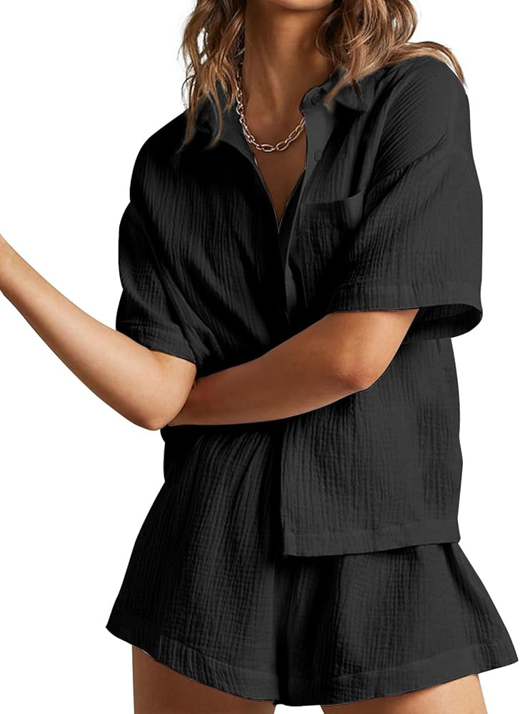 Women's 2 Piece Casual Outfits Cotton Linen Button Down Shirt Top High Waisted Shorts Set Tracksu... | Amazon (US)
