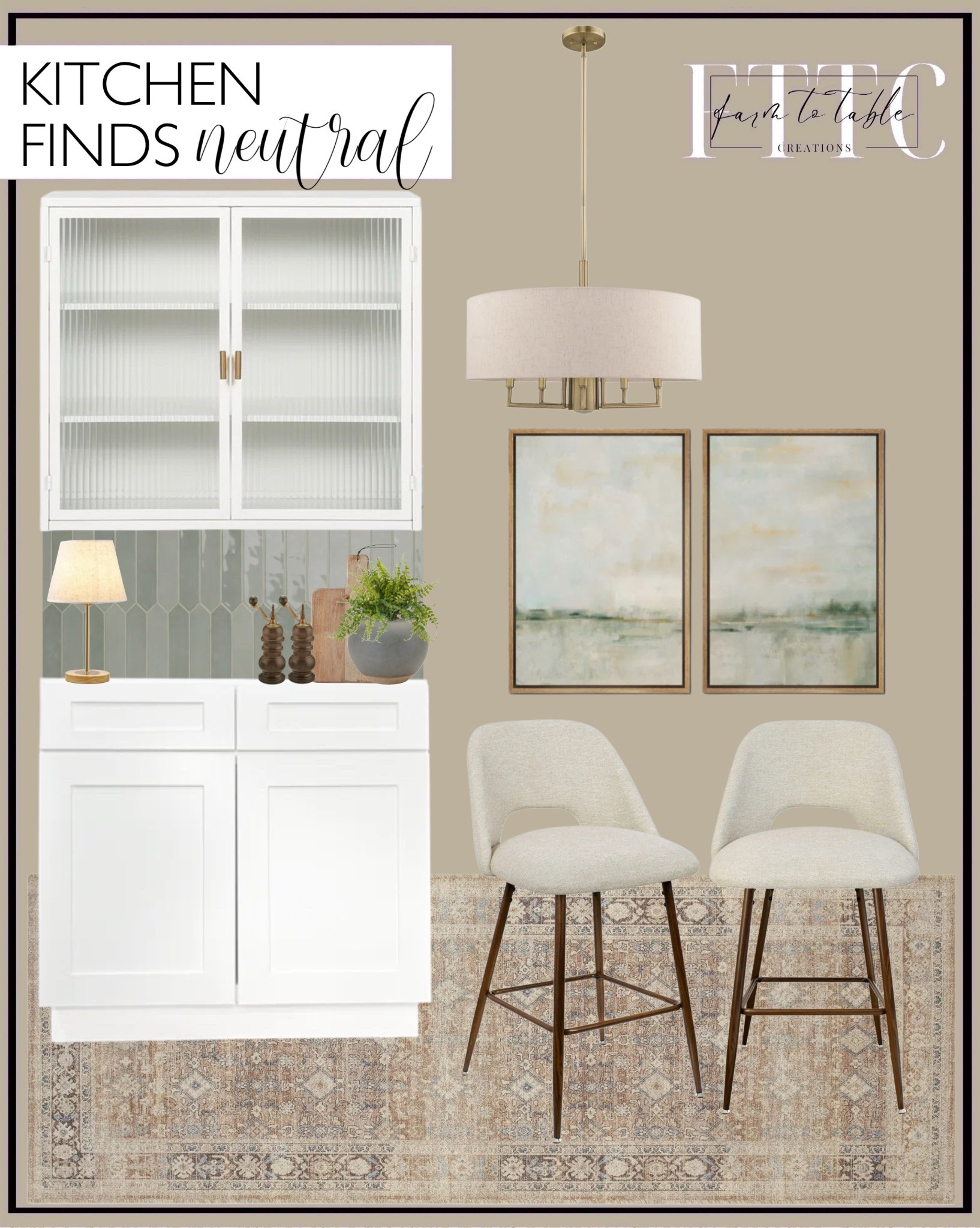 Neutral Kitchen Finds. Follow @farmtotablecreations on Instagram for more inspiration.

Better Homes & Gardens Neutral Persian Runner. Sideboard Wall Cabinet. Renzo Wall Tile. Bazilijus 6 - Light Dimmable Drum Chandelier. Pastel Green Abstarct Lake Landscape Neutral Minimalist Framed Canvas 2 Pieces Print Set Wall Art. Ibiza Wood Cutting Board. Milbrandt Wood Table Lamp. Zassenhaus Speyer Antique Pepper Mill. Athenis Ceramic Table Vase. Fern Arrangement. Berneta Upholstered Counter Stool with Metal Frame (Set of 2). 

Wayfair Home | Kitchen Finds | Spring Decor | Entryway Decor | Bedroom Furniture | nightstands | Home Decor| Fireplace Decor | Spring Refresh |  Bedroom Finds | Neutral Stems | Spring Stems | Bookshelf Decor | Bedroom Space | Cozy Corner | Bathroom | Curated Entryway | Spring  Decor | End of Year Clearance | Trending Decor | Viral Decor  | Coffee Table Decor | Neutral Decor | Stem Sale | Target Finds | Skinny Bench | Bedroom | Living Room | Breakfast Nook | Amazon Home | Target Sale | Loloi Rugs | Magnolia Home | console table | console table styling | faux stems | entryway space | front porch decor | neutral decor | entryway decor | cozy home | affordable decor |  home decor | home inspiration | console styling | entryway rug | cozy moody home | moody home decor | neutral home | bathroom decor | living room | spring decor | Hearth & Hand | Studio McGee | 2025 Home Trends | trending home | Crate&Barrel 



#LTKSaleAlert #LTKHome #LTKFindsUnder50