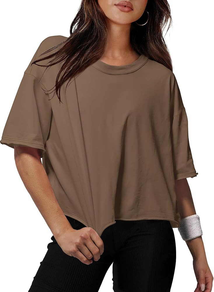 XIEERDUO Cotton Tshirts for Women Drop Shoulder Round Neck Oversized Crop Tops Workout Tops Tees | Amazon (US)