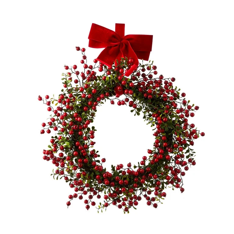 Holiday Time Non-Lit Red Berry Velvet Bow Boxwood Wreath Decor, 24" tall, 20.46 oz | Walmart (US)
