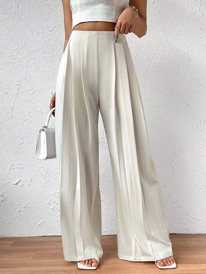 High Waist Plicated Detail Wide Leg Pants | SHEIN