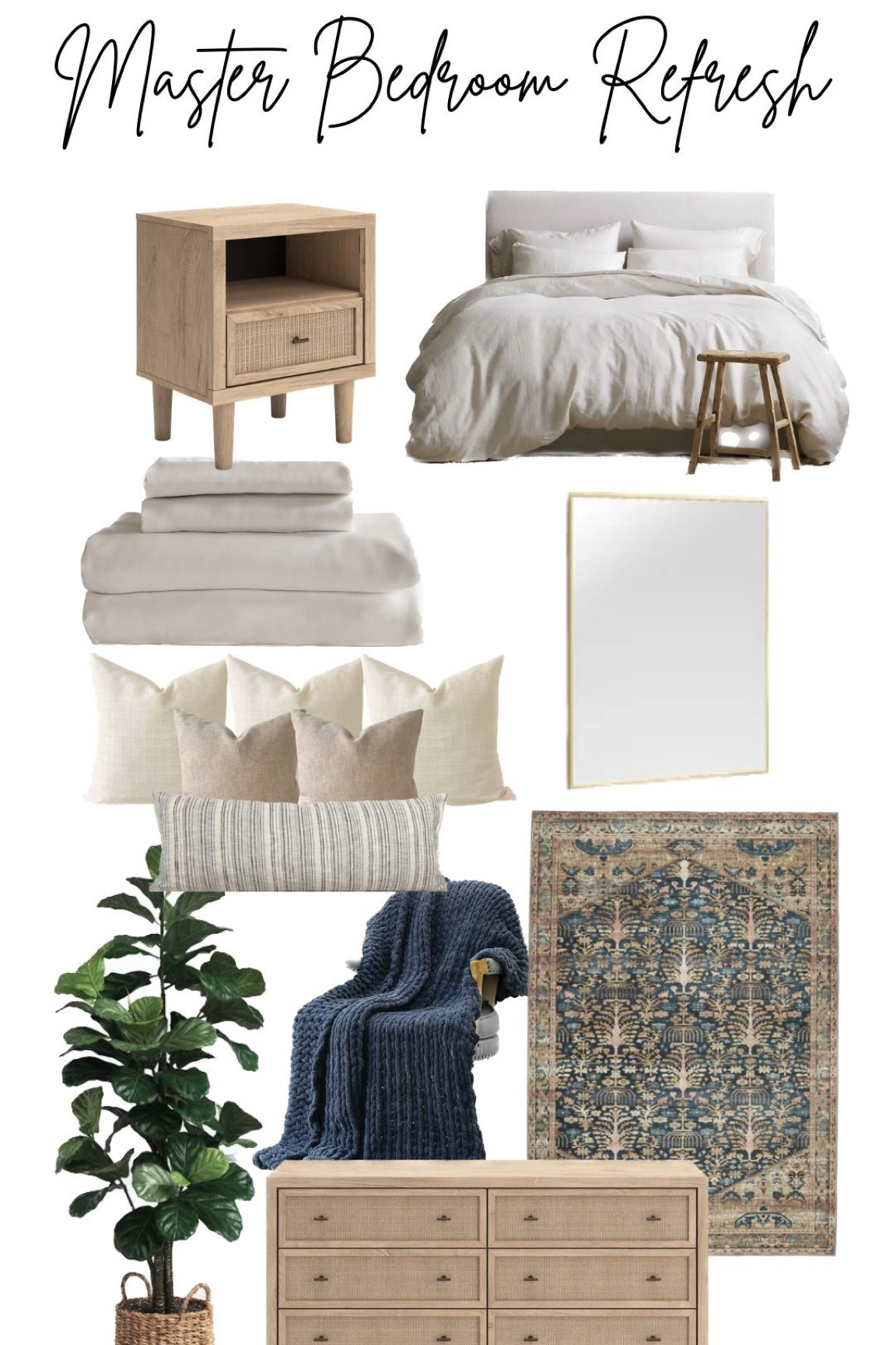 All of the items we used to re-do our master bedroom this winter! I love the oak dressers and night stands. The color sheets & bedding is Sand. We got the bed in Zuma White. Rug is 9x12 ft. 

#LTKHome