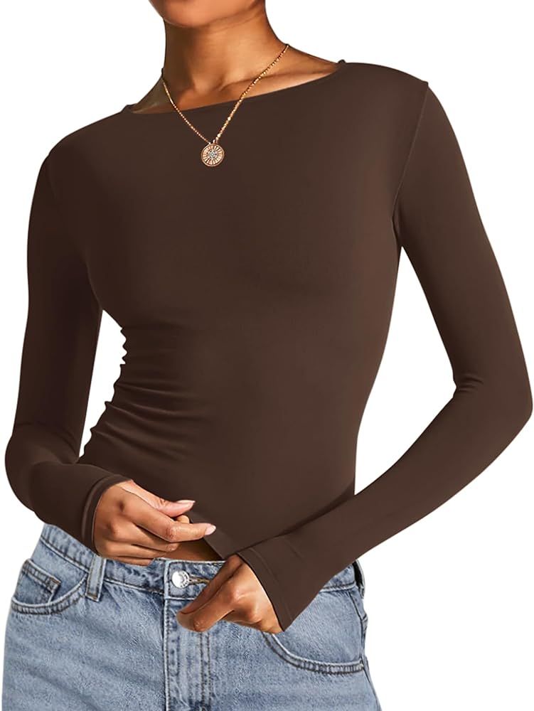 AKEWEI Long Sleeve Crop Tops for Women 2 Pack Fall Going Out Outfits Cute Tight Basic Tees Shirt | Amazon (US)