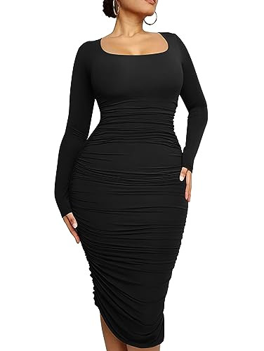 LAGSHIAN Women's Plus Size Sexy Bodycon Long Sleeve Scoop Neck Ruched Basic Midi Party Dress | Amazon (US)