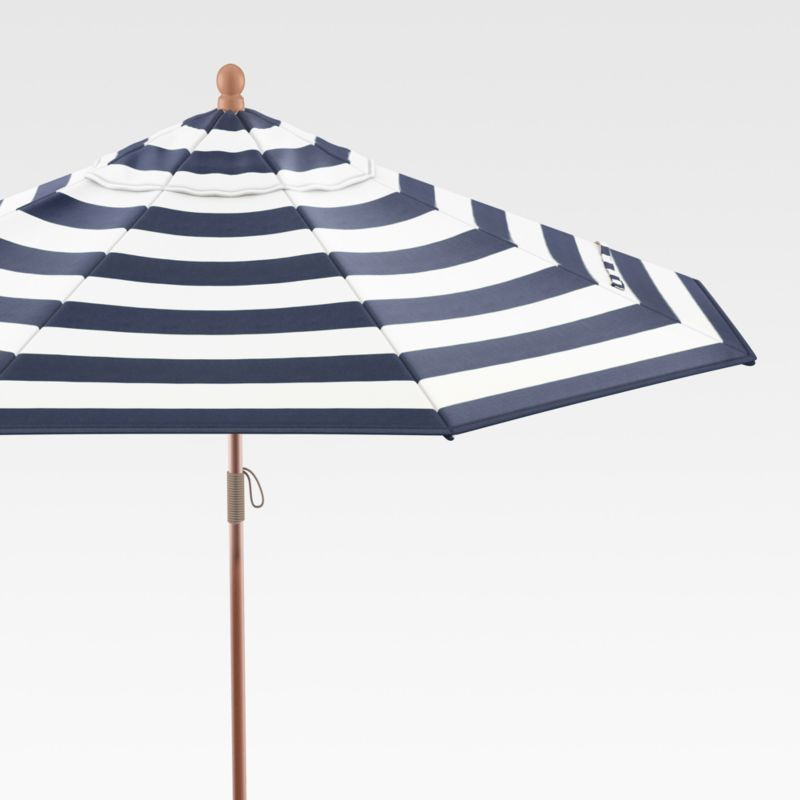 9' Round Sunbrella Cabana Stripe Navy Outdoor Patio Umbrella with Eucalyptus Frame + Reviews | Cr... | Crate & Barrel
