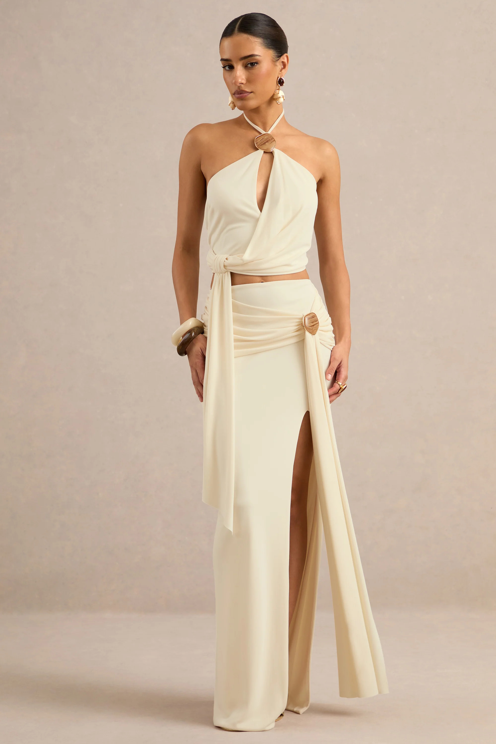 Liviana | Cream Maxi Skirt With Gathered Detailing And Gold Detail | Club L London