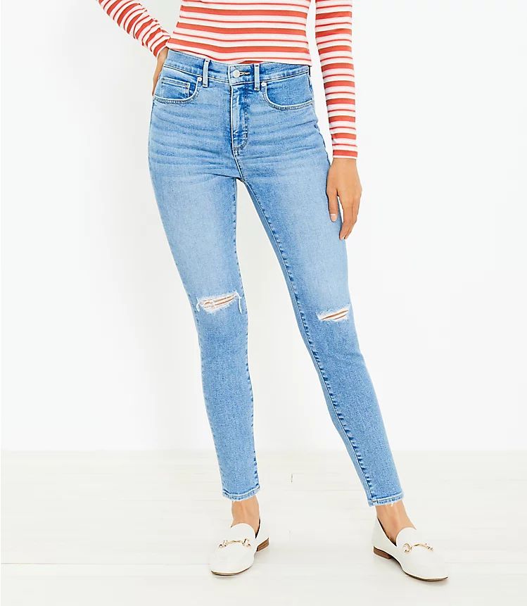 Destructed High Rise Skinny Jeans in Light Indigo Wash | LOFT | LOFT