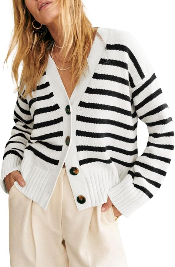 Saodimallsu Womens Striped Cardigan Sweaters V Neck Button Down Long Sleeve Open Front Ribbed Kni... | Amazon (US)