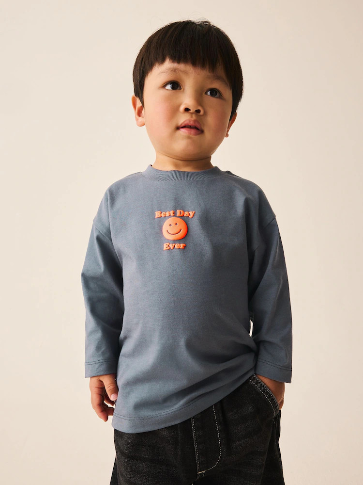 Charcoal Grey Smile Long Sleeve Small Graphic Printed T-Shirt (3mths-7yrs) | Next US