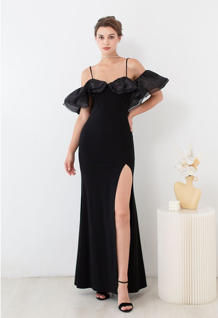 Tiered Mesh Ruffle Cold-Shoulder Split Mermaid Gown in Black | Chicwish