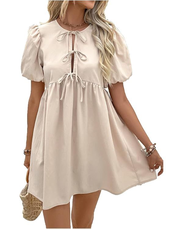 Women's Round Neck Puff Sleeve Flared Dress Ruffle High Waist Bow Tie Front Mini Dresses | Amazon (US)