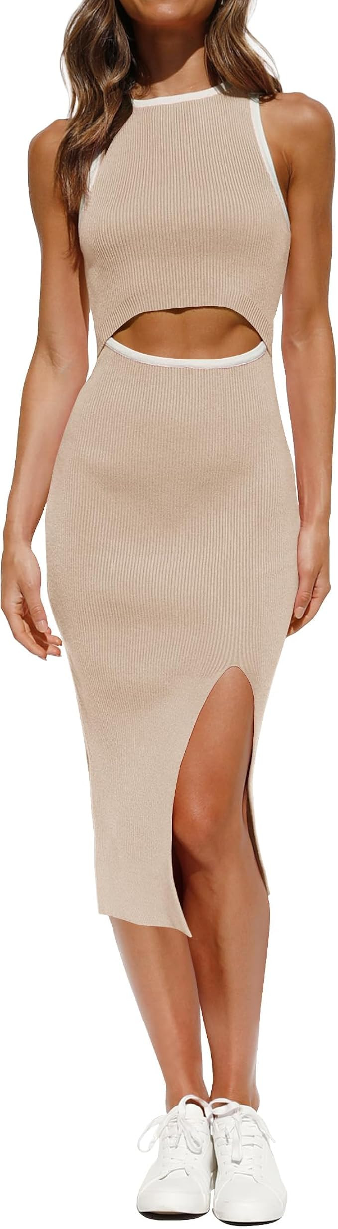 ZESICA Women's Summer Bodycon Sweater Dress Sleeveless Crew Neck Cut Out Contrast Color Side Slit... | Amazon (US)