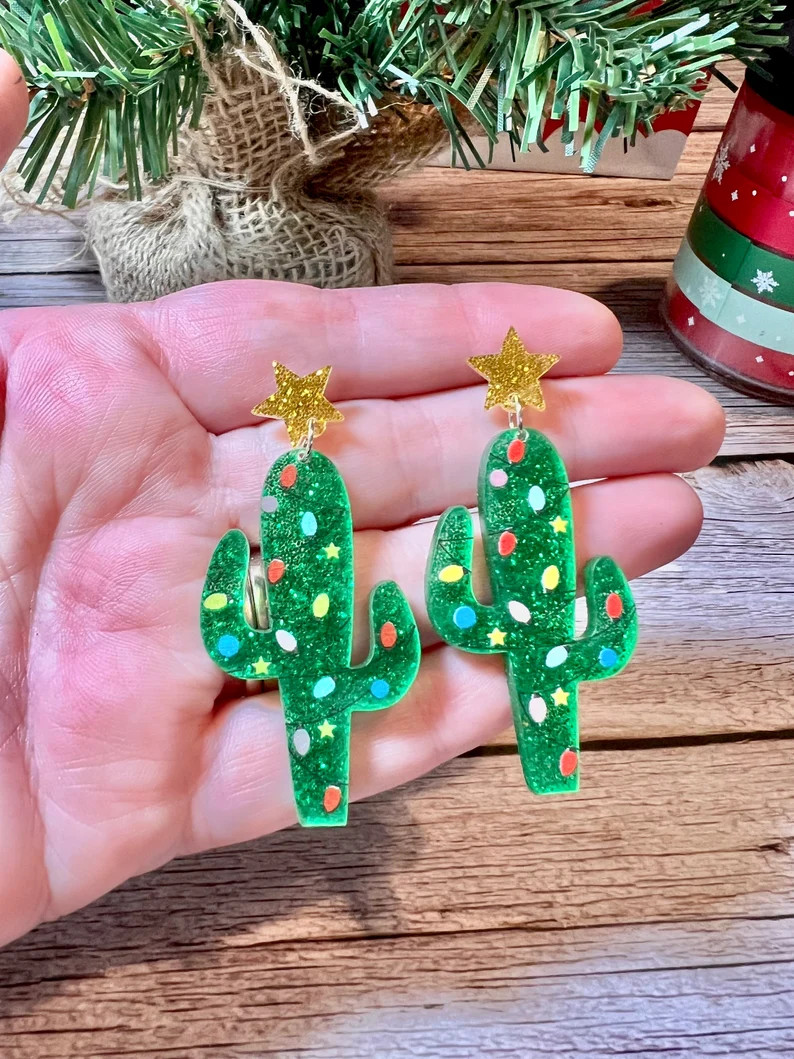 Cactus Christmas Tree Earrings Western Christmas Festive - Etsy | Etsy (US)