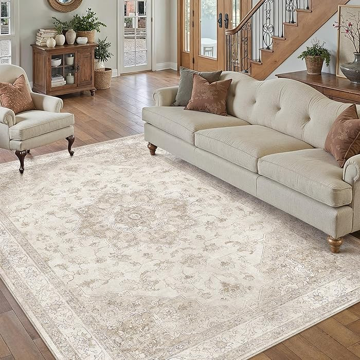 Beige Area Rug 6x9 Washable Vintage Carpet for Living Room Bedroom Large Soft Retro Low Pile Thin... | Amazon (US)