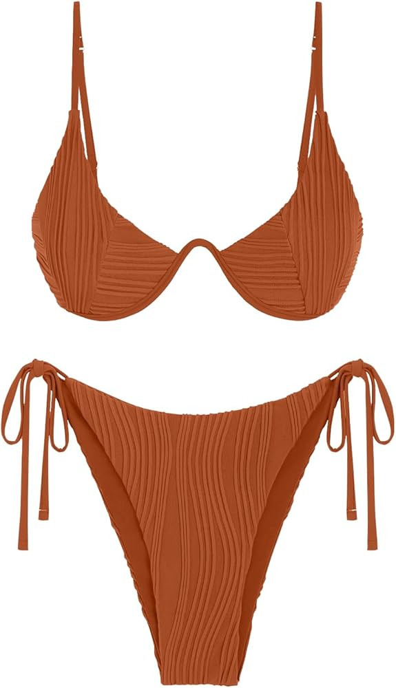 ZAFUL Women's Bikini Sets Ribbed Two Piece Swimsuits Underwire Adjustable Back Clasp Bathing Suit... | Amazon (US)