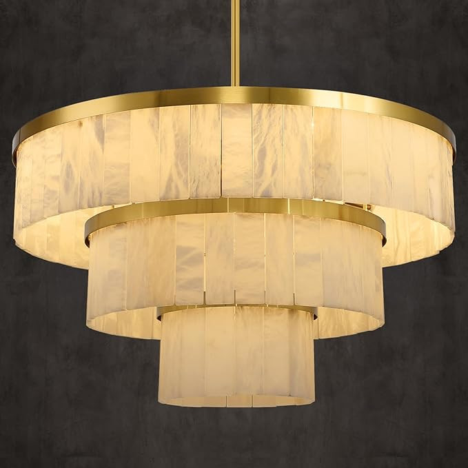 Round Alabaster Chandelier, 3 Tiers Natural Marble Chandelier D34"Gold Chandeliers for Dining Roo... | Amazon (US)