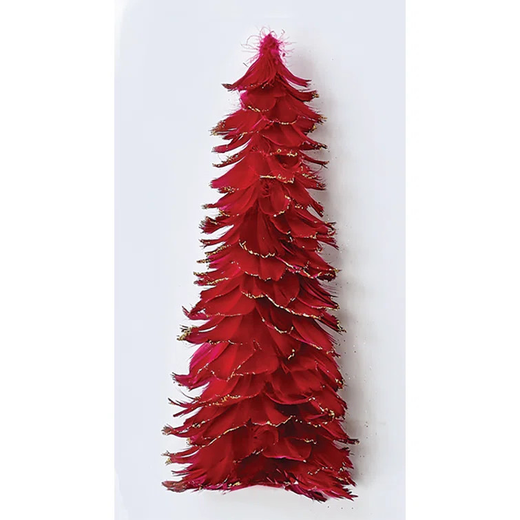 16" Feather Tabletop Christmas Tree With Glitter Tips, Red | Wayfair North America