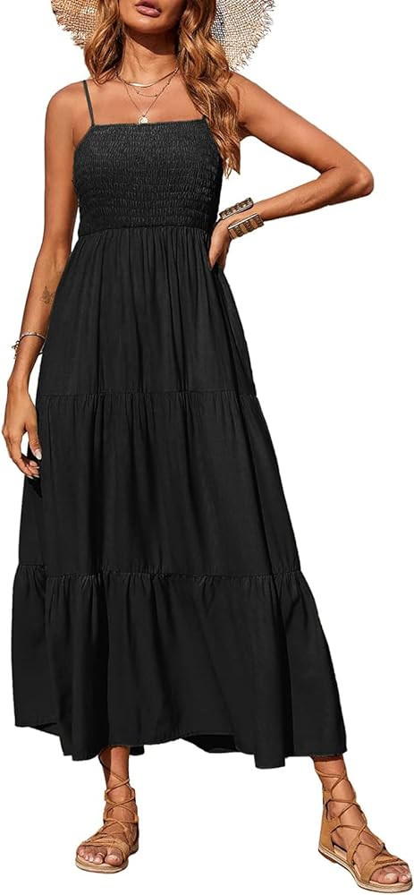 PRETTYGARDEN Womens Spaghetti Strap Smocked Tiered Long Beach Sun Dress | Amazon (US)