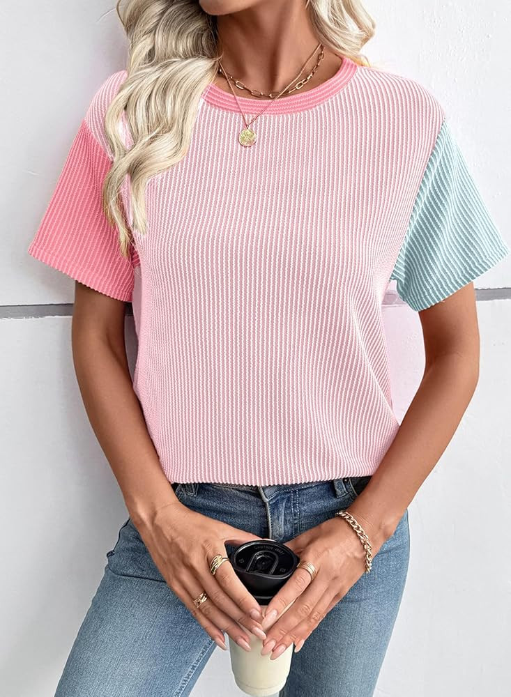 EVALESS Women's Short Sleeve T Shirts Ribbed Knit Crewneck Multicolour Block Tee Blouses Spring T... | Amazon (US)