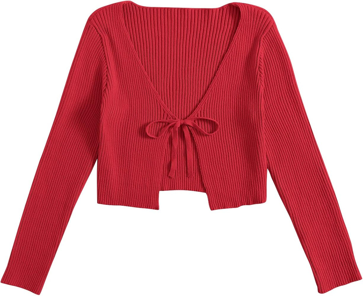 Floerns Women's Tie Front Long Sleeve Rib Knit Shrug Sweaters Cardigan Crop Top | Amazon (US)