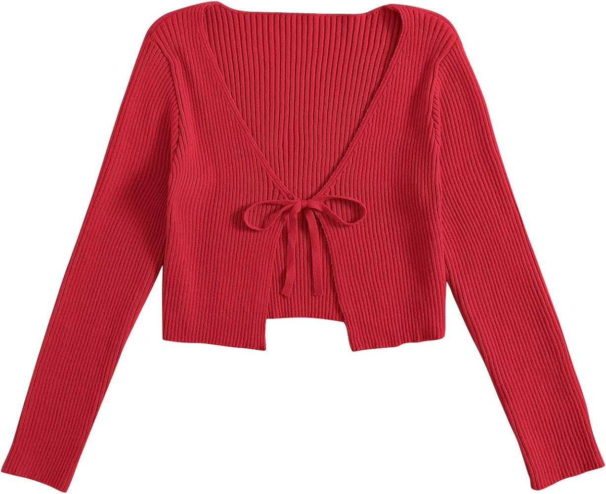 Floerns Women's Tie Front Long Sleeve Rib Knit Shrug Sweaters Cardigan Crop Top | Amazon (US)