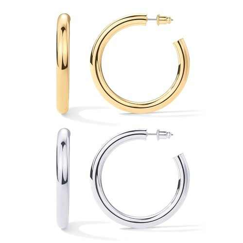 PAVOI 14K Gold Plated Lightweight Chunky Open Hoops | 50mm White & Yellow Gold Pack Hoop Earrings for Women | Amazon (US)