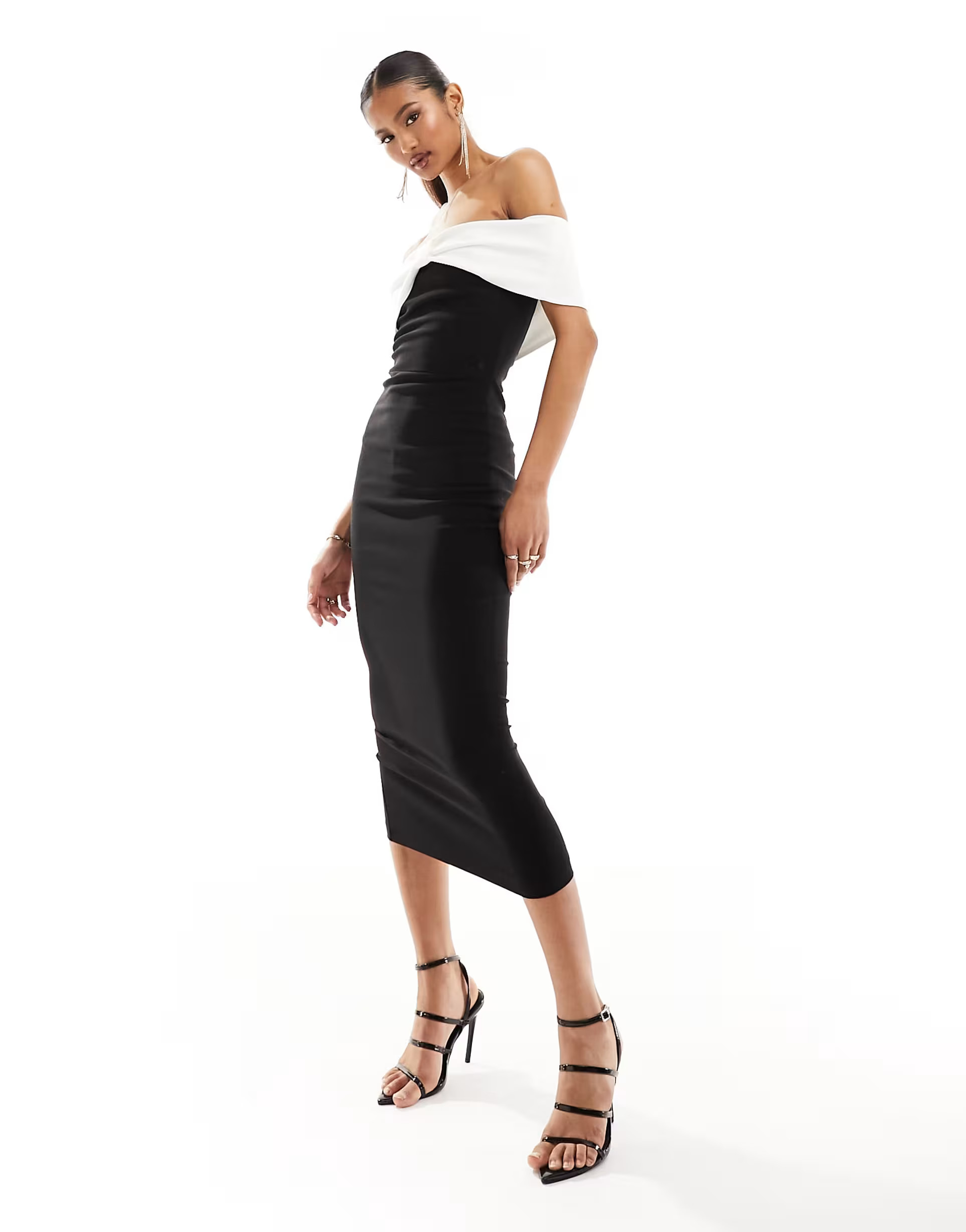 Vesper white contrast bardot bow detail midaxi dress in black | ASOS | ASOS (Global)