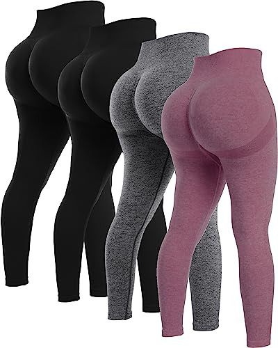 NORMOV 4 Piece Butt Lifting Workout Leggings for Women, Seamless Gym Scrunch Booty Lifting Sets(2Black/Grey/Burgundy, L) | Amazon (US)