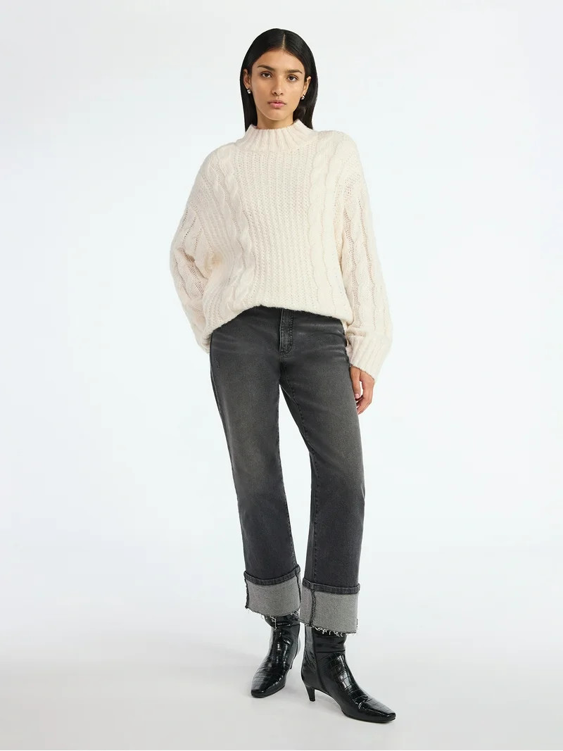 Scoop Women’s Oversized Cable Knit Sweater, Midweight, Size XS-XXL | Walmart (US)