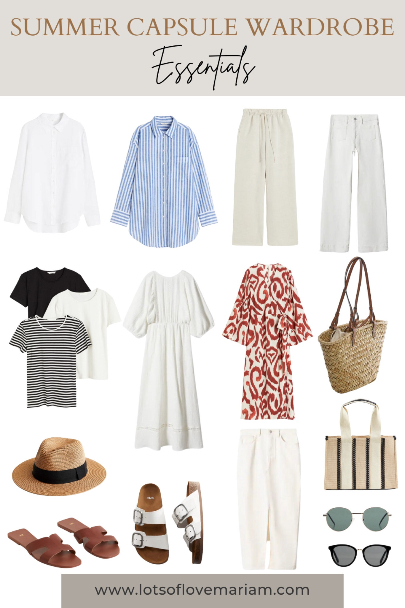 Summer capsule wardrobe essentials! Linen shirt, oversized white shirt, linen trousers, wide leg pants, neutral maxi dress,  basic t-shirts, white wide denim jeans, straw bag, tote bag, brown sandals. Straw hat 

#LTKeurope #LTKSeasonal #LTKstyletip
