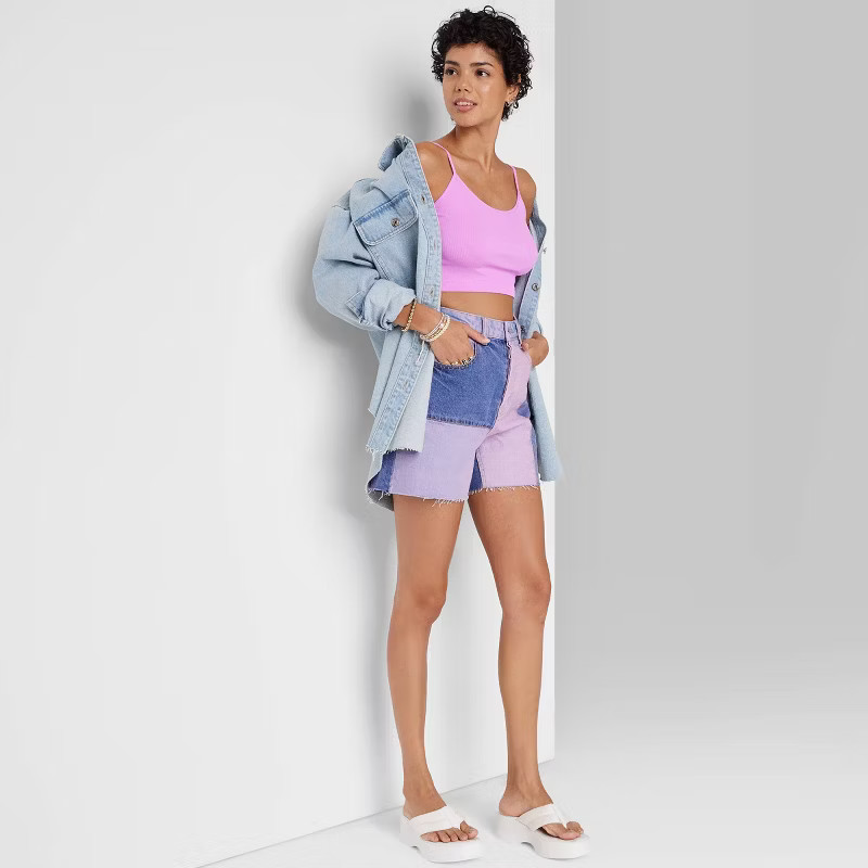 Women's High-Rise Patchwork Cutoff Midi Jean Shorts - Wild Fable™ Purple | Target